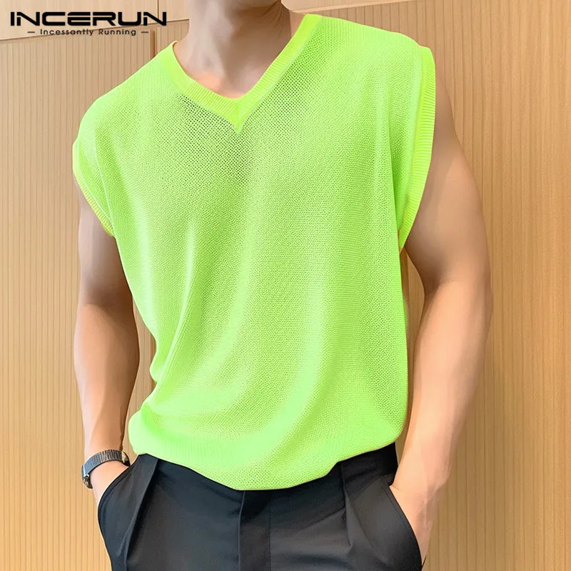 INCERUN 남성용 브이넥 메쉬 패치워크 솔리드 조끼, 민소매 탱크 탑 S-..