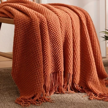 1pc Morandi Orange Tassel Knitted Blanket, Soft Warm Throw Blanket Nap Blanket For Couch Sofa Office Bed Camping Travelling