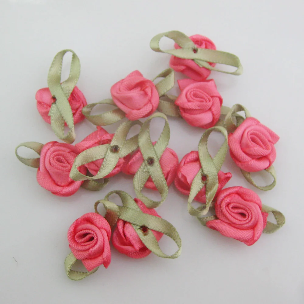 Vibrant Fabric Ribbon Rose Rosettes with Leaf - Set of 50 Flower Embellishments for DIY Crafts & Sewing Supplies