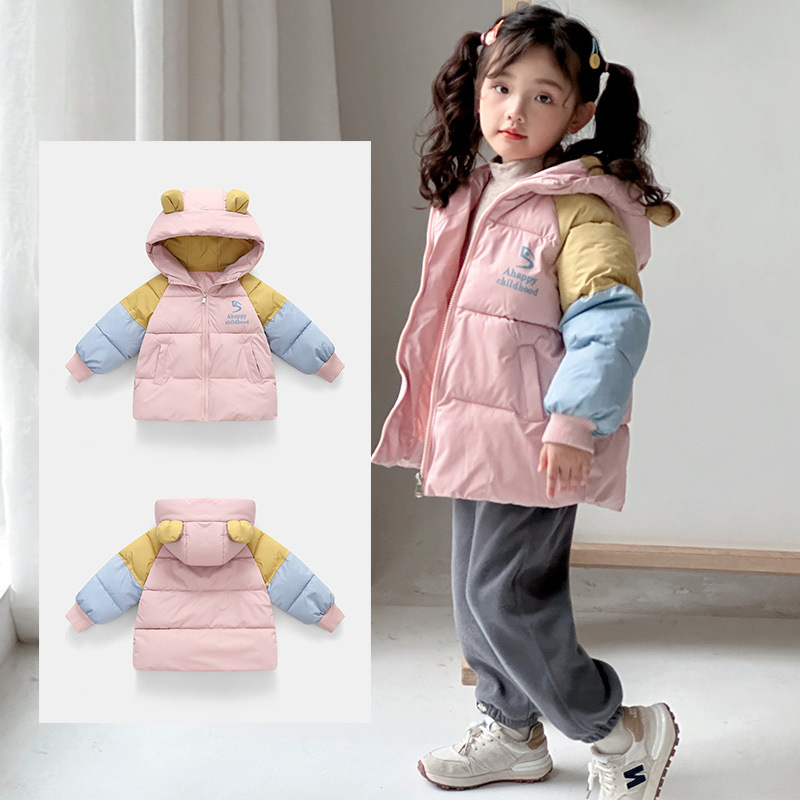 New Autumn Winter Cute Baby Girls Jacket Splicing Style Thick Keep Warm Hooded Coat For 2-6 Years Kids Children Cotton Outerwear