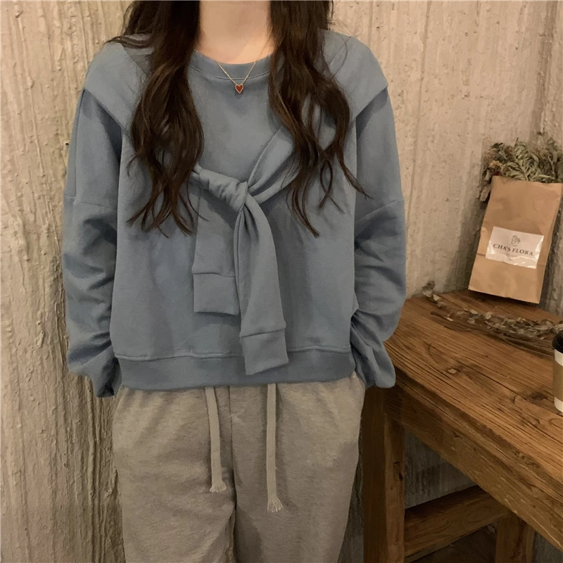 Boring Honey Fake Two Piece Pullover Sweatshirts Loose And Comfortable Round Collar Solid Colors Shawl Hoodies Women Blouses