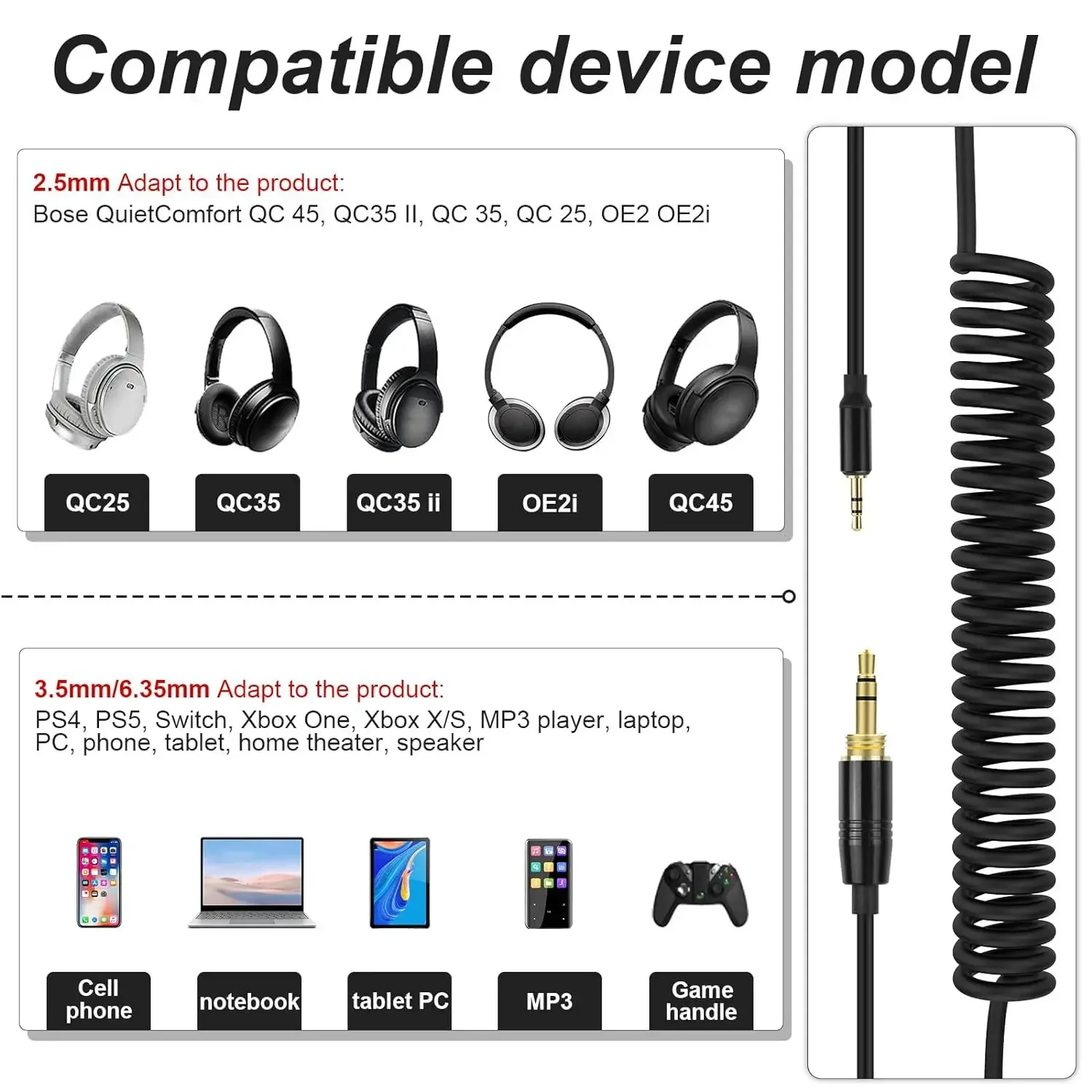 For BOSE QuietComfort 25 QC35II QC45 NC700 OE2 OE2i Headphone Cable 2.5mm Interface Spring Audio Cable