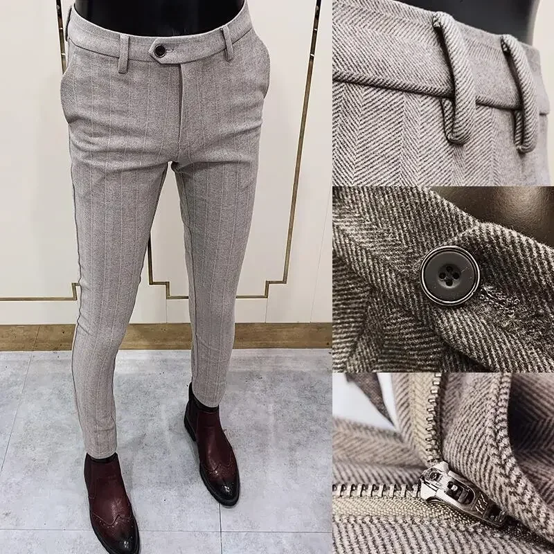 Autumn Winter Thickened Woolen Suit Pant High Quality Men Business Slim Striped Trousers Formal Wear Office Social Dress Pants 2