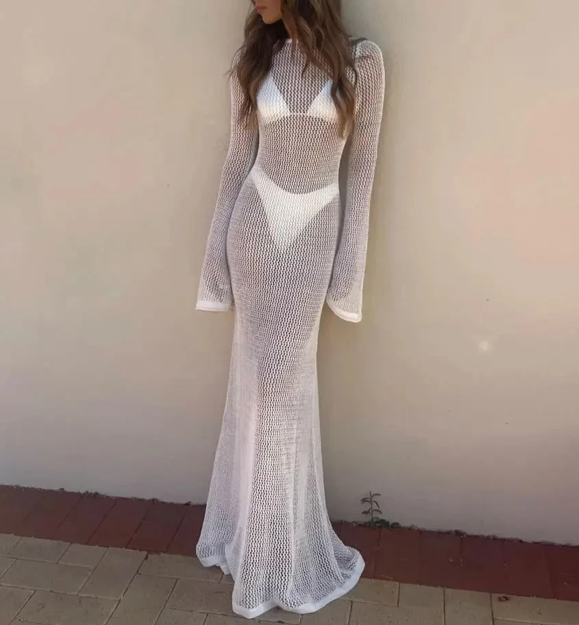 

Однотонная накидка с открытой спиной, на шнуровке, Женское Платье макси с длинным рукавом и круглым вырезом, летнее женское пляжное темпераментное платье