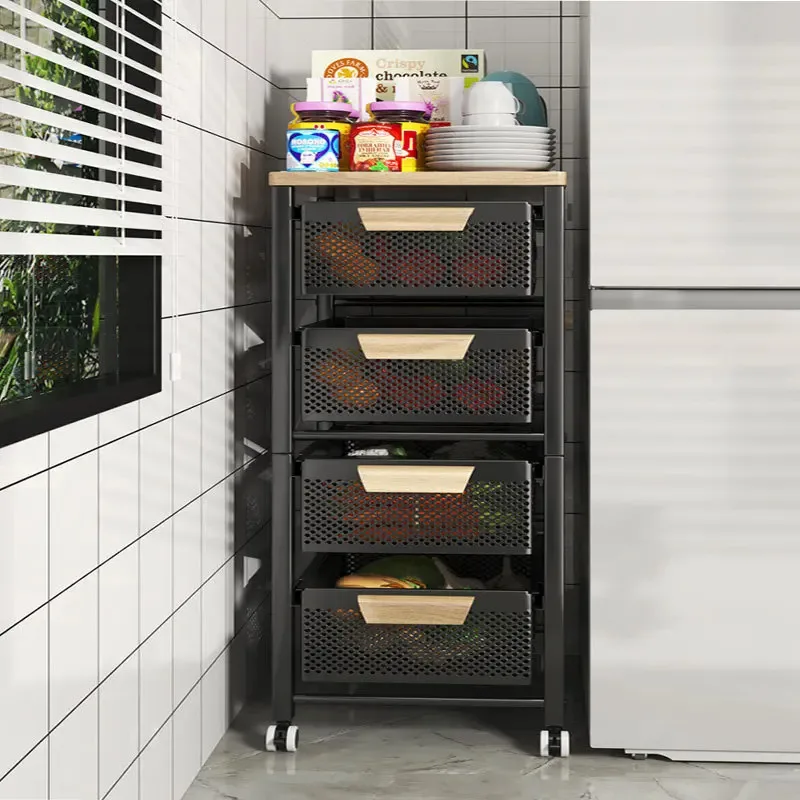 Fruits Vegetables Storage Cart Multifunctional Storage Cabinet Floor Narrow Seam Baskets Pull-out Type Kitchen Furniture