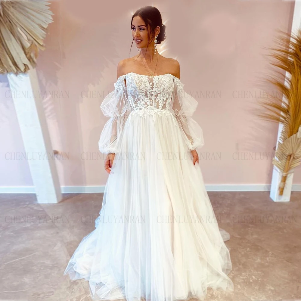 

Tulle Boho Wedding Dresses Off-The-Shoulder A-Line Long Sexy Bride Dresses Puff Sleeves Dresses For Women 2023 Robe De Mariée