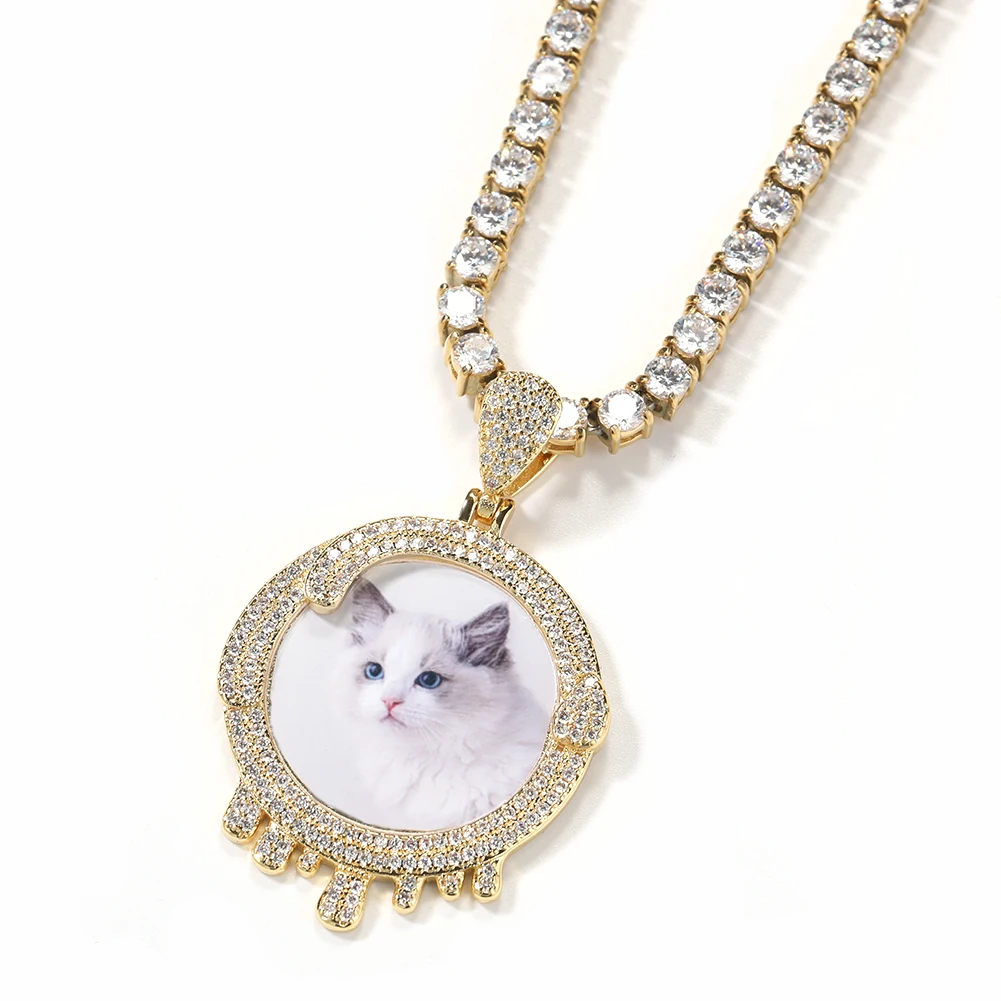 TBTK Custom Round Water Drip Photo Pendant Memory Picture Medallion Iced Out Cubic Zirconia Hiphop Jewelry For Gift