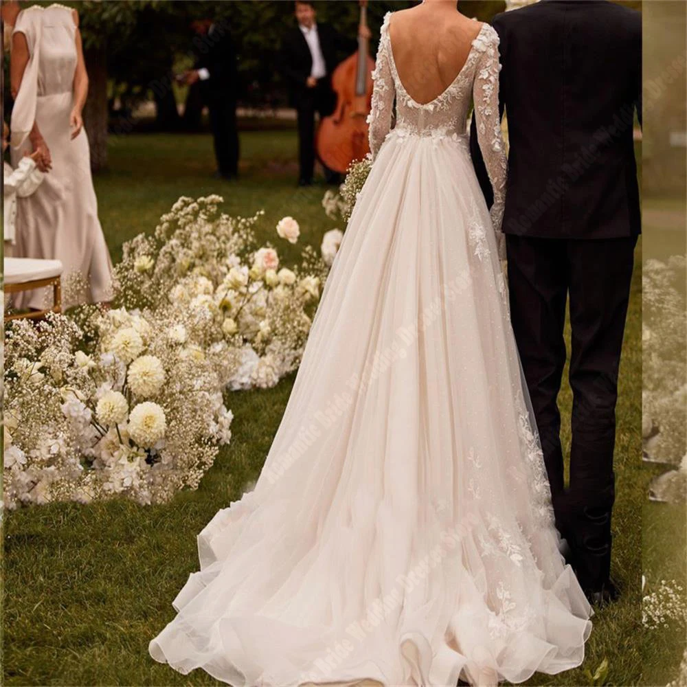 Simplicity A-Line Lady Wedding Dresses Customized V-Neck Long Trumpet Sleeves Bridal Gowns Shining Decals Embellishments Robes 2