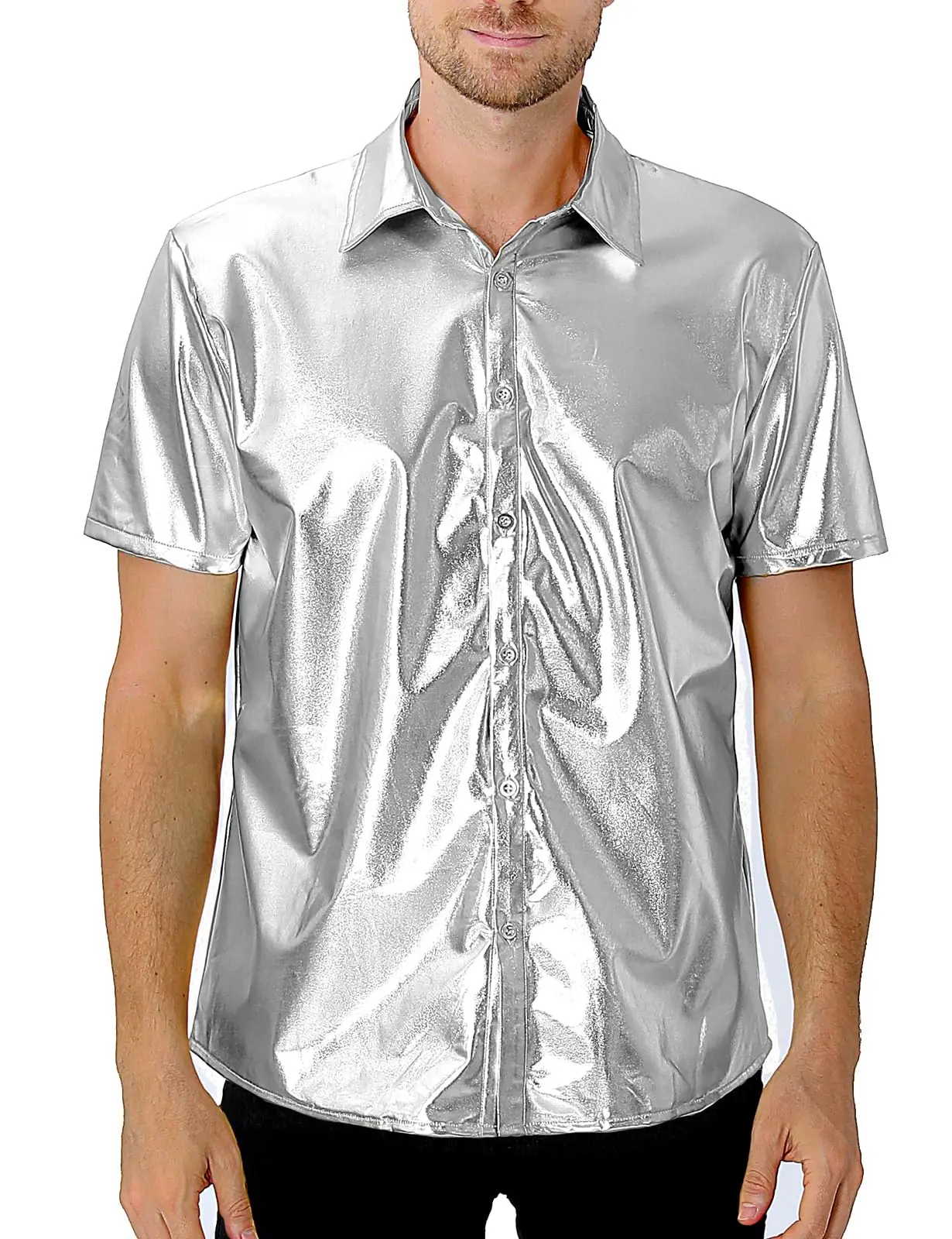 Men's Shiny Metallic Disco Party Shirt - Sparkling Short Sleeve Performance Costume