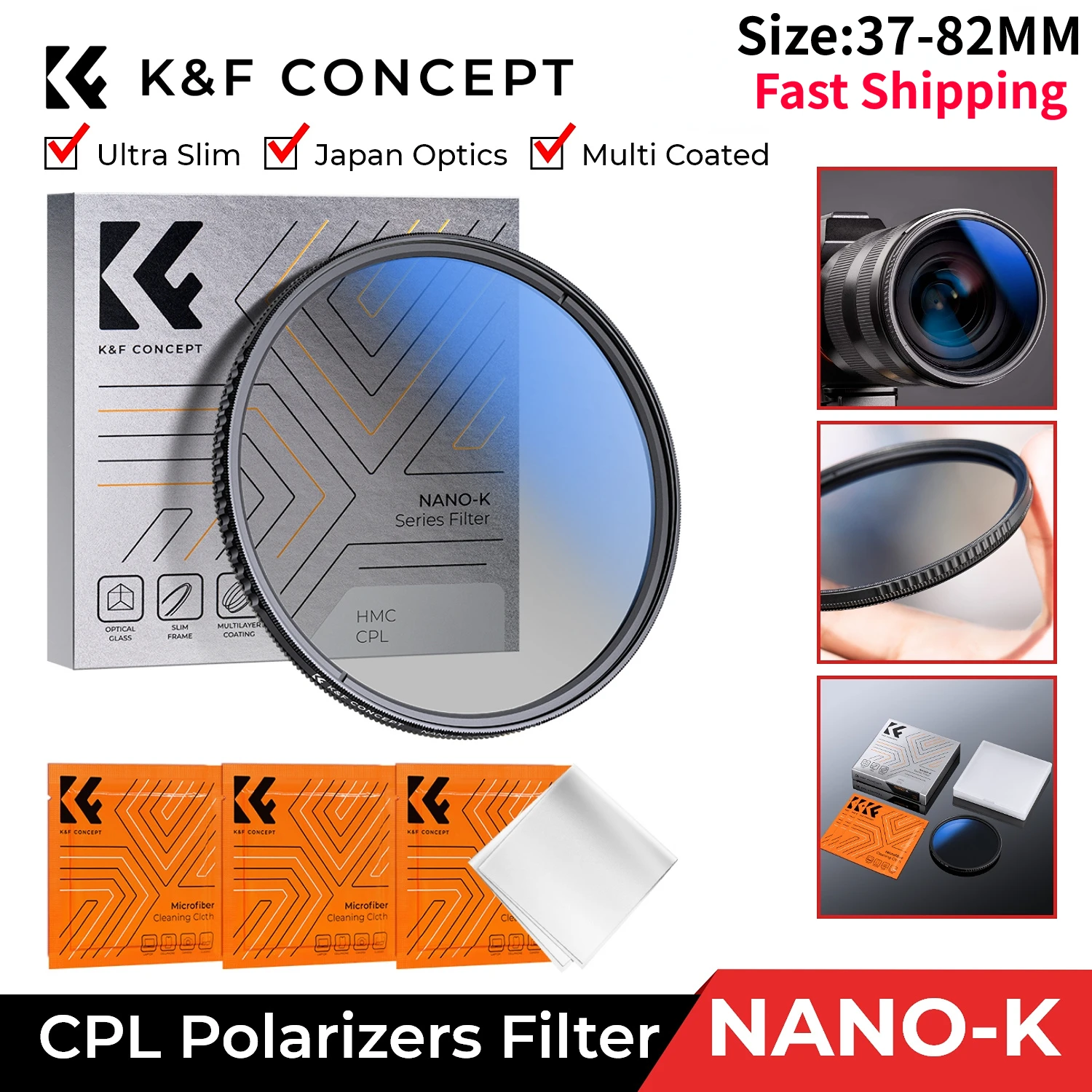 

K&F Concept CPL Camera Lens Filter Ultra Slim Optics Multi Coated Circular Polarizer 49mm 52mm 55mm 58mm 62mm 67mm 77mm 82mm