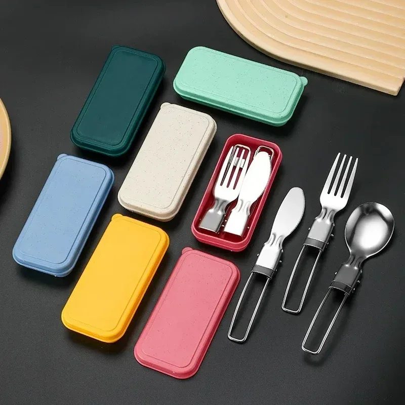 3PC Mini Portable Outdoor Spoon Fork Tableware Camping Stainless Steel Cutlery Set for Hiking Outdoor Camping Cooking Supplies