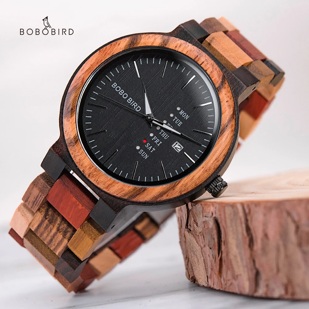 BOBO BIRD Wood Watch Men Women Quartz Week Date Couple Timepiece Colorful Wooden Band Logo Customize Gift Box Wholesale Dropship 4