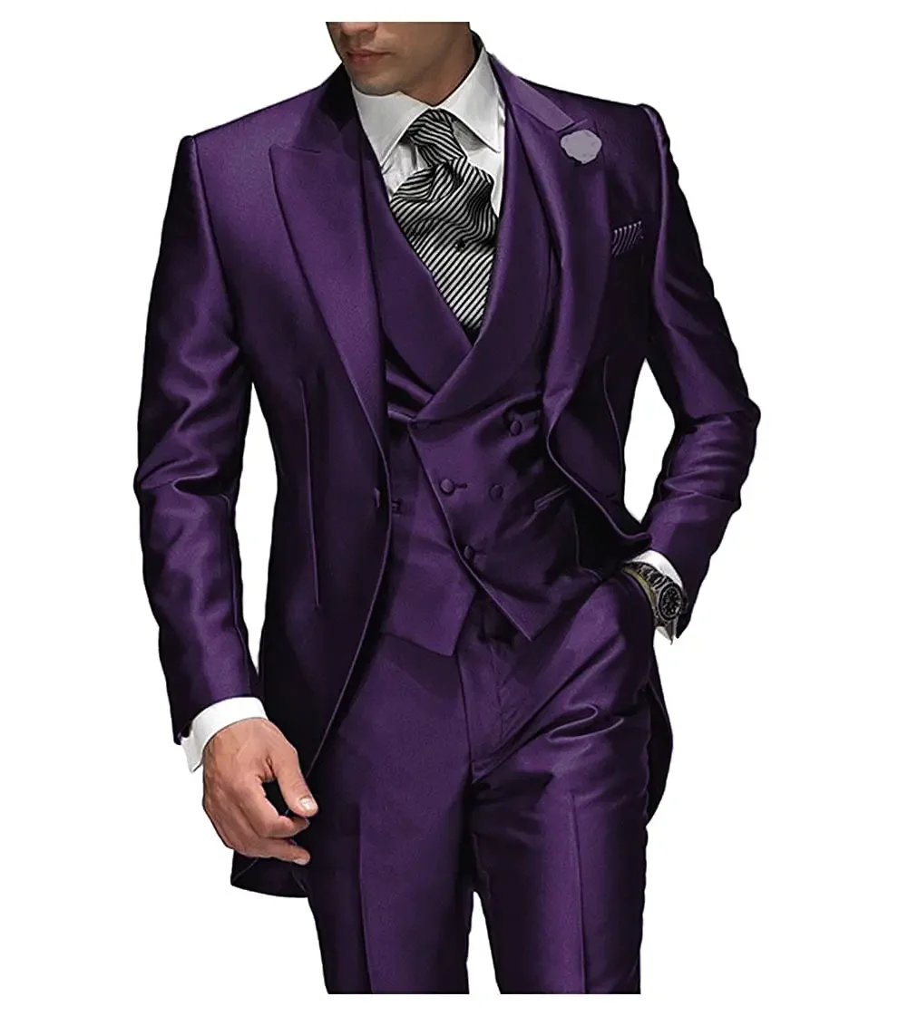 

Elegant Peak Lapel Double Breasted Men Wedding Suits Purple Groom Tuxedos Fashion Prom Party Male Suit Slim Fit 3 Piece Set