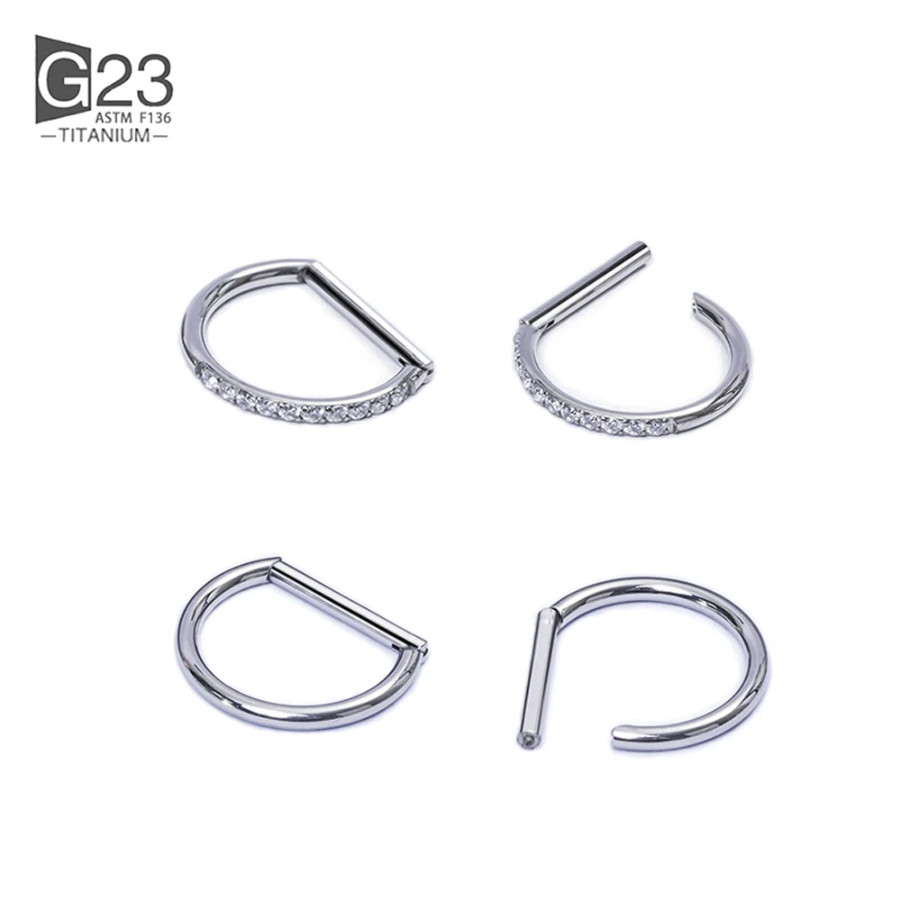 10Pcs ASTM F136 Titanium Piercing  Nose Ring Jewelry 16G Nose Ring Half Ring CZ Paved D Shape Segment Ring Clicke Cartilage