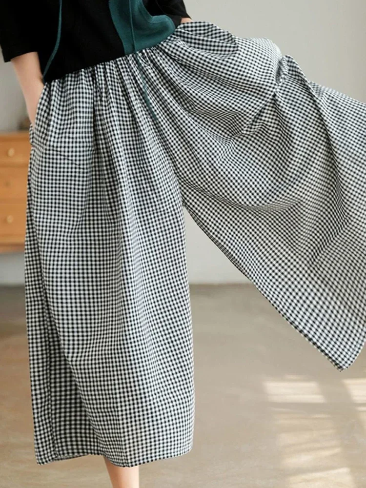 Elegant Woman Dress Plaid Pants Thin Cotton Linen Wide Leg