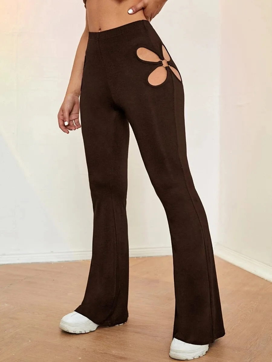 Korean Fashion 2023 Women's Hollow Out Pants Wide Leg Pants Casual Flare Pant High Waist Loose Trousers Black Red Green Brown
