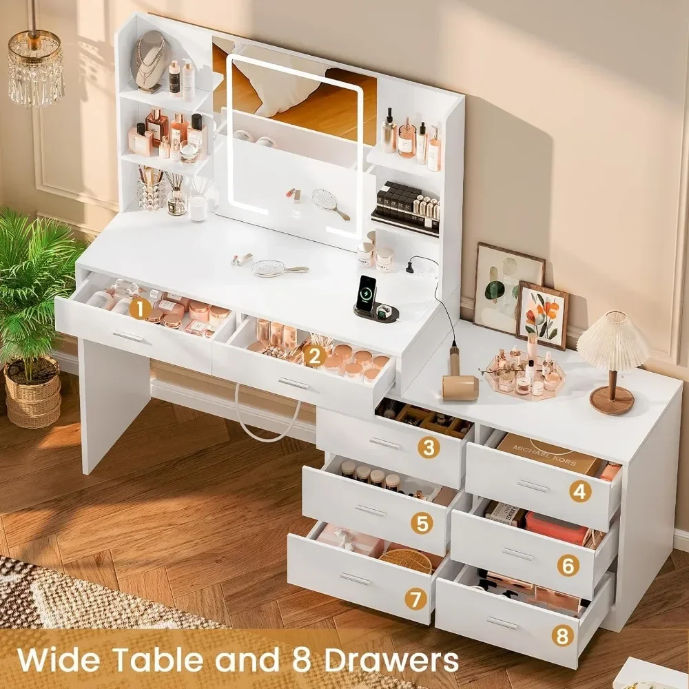 Items Makeup Dressing Table Box Container Drawer Nordic Organizer Dressing Table Mirrors With LED Lighted Mirror & Power Outlet Modern Corner Makeup Vanity Table Dressing Table for Bedroom Makeup Room