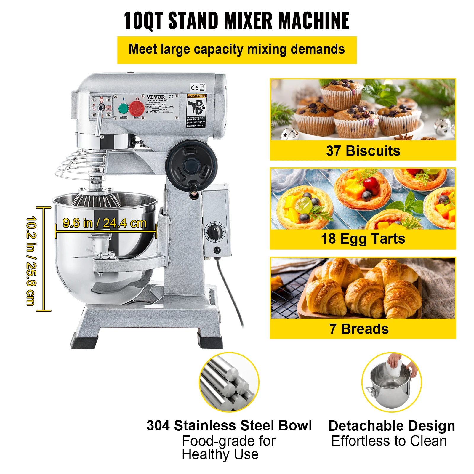 VEVORCommercial Food Mixer 10/15/20/30 Qt  with Timing Function  Stainless Steel Bowl Heavy Duty Electric Food Mixer Pizzeria 3