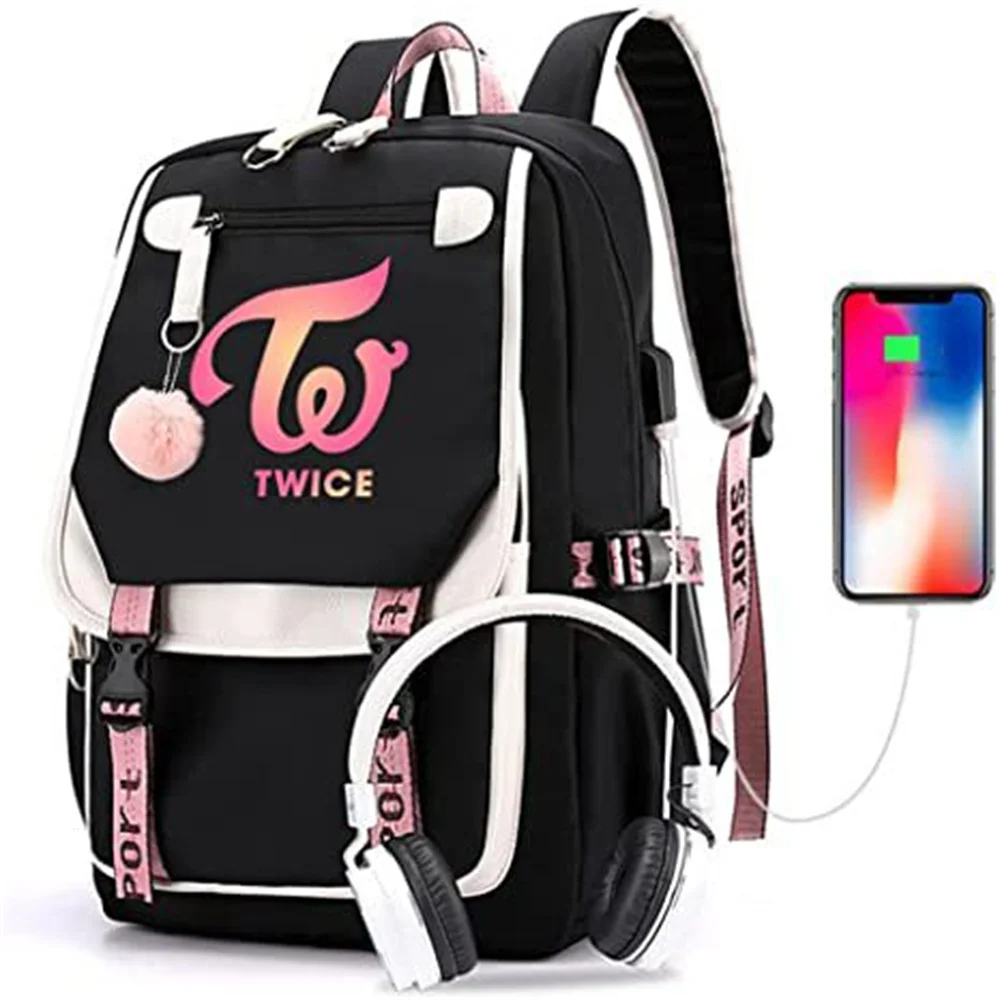 

KPOP Twice Large Capacity USB Charging Book Bag Mochila Travel Bag Sana Momo Backpacks Gift Fans Collection