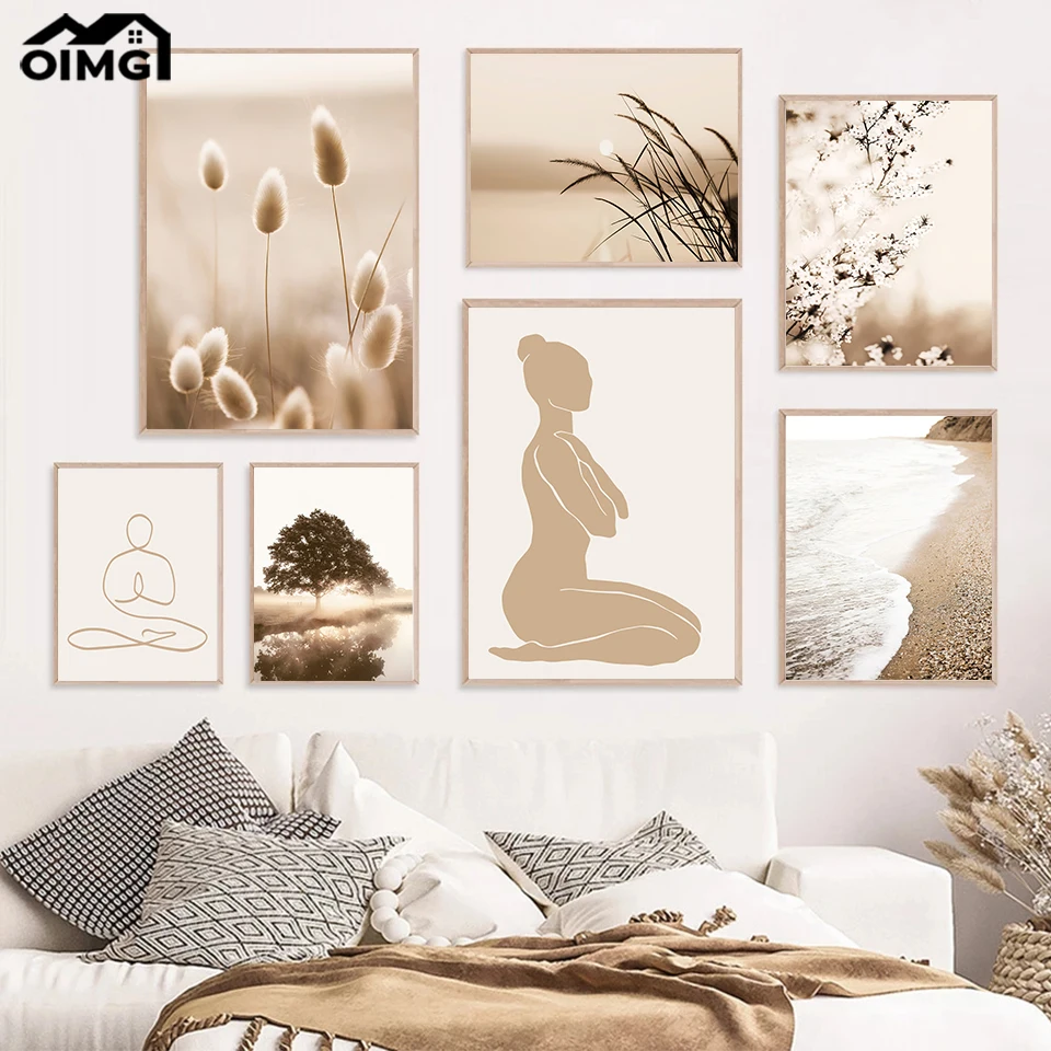 Плакат на холсте с рисунком вишневого цветка силуэта травы |