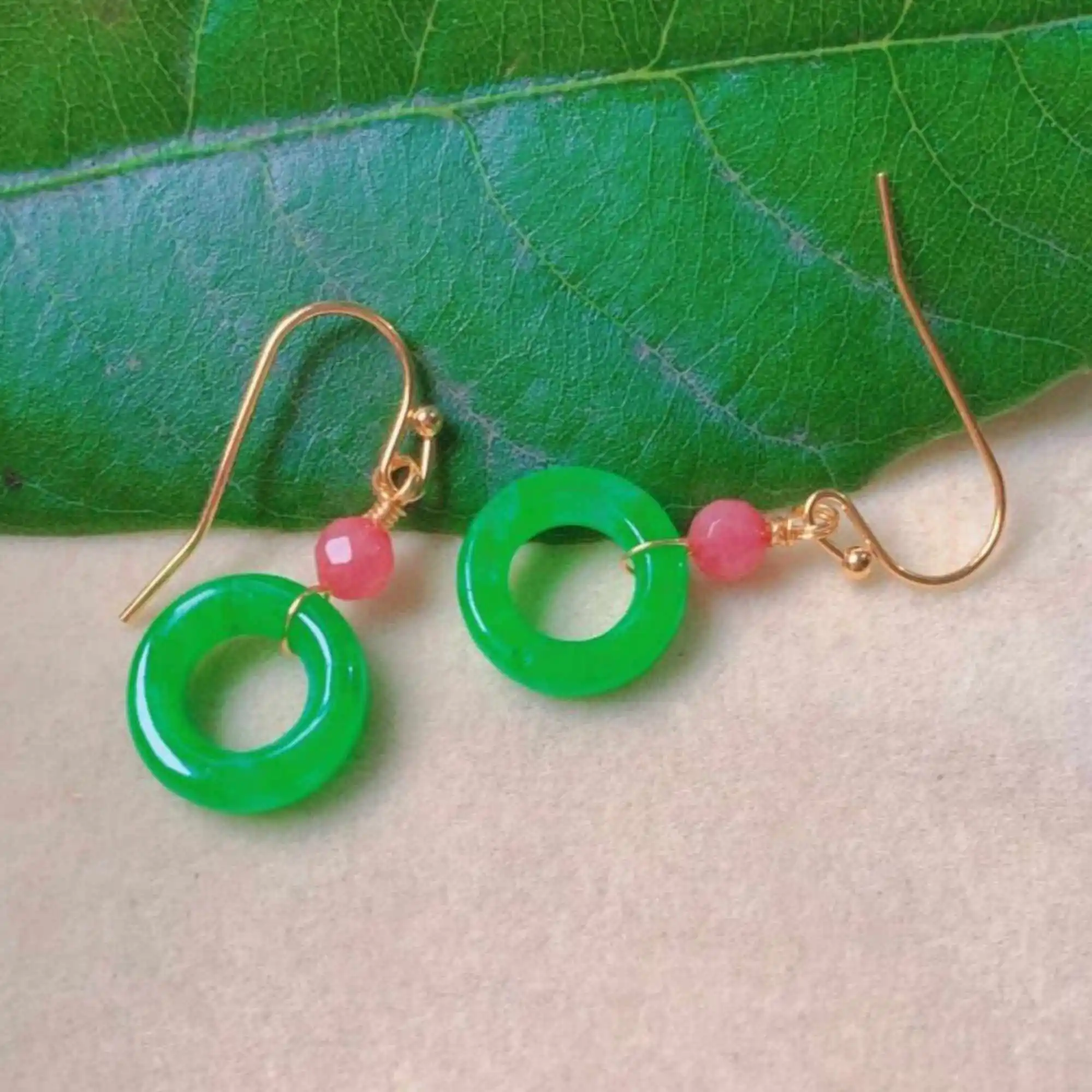 13Mm Fashion Natural Green Jade Ring Red Ruby Gemstone Gold Ear Hook Bridal Everyday Wedding Formal Teens Handmade Gold Custom