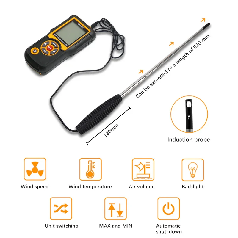 HTI HT-9830 디지털 LCD 열선 휴대용 풍속계 측정기 풍속계 EU 플러그 온도 테스터 포함 HVAC용