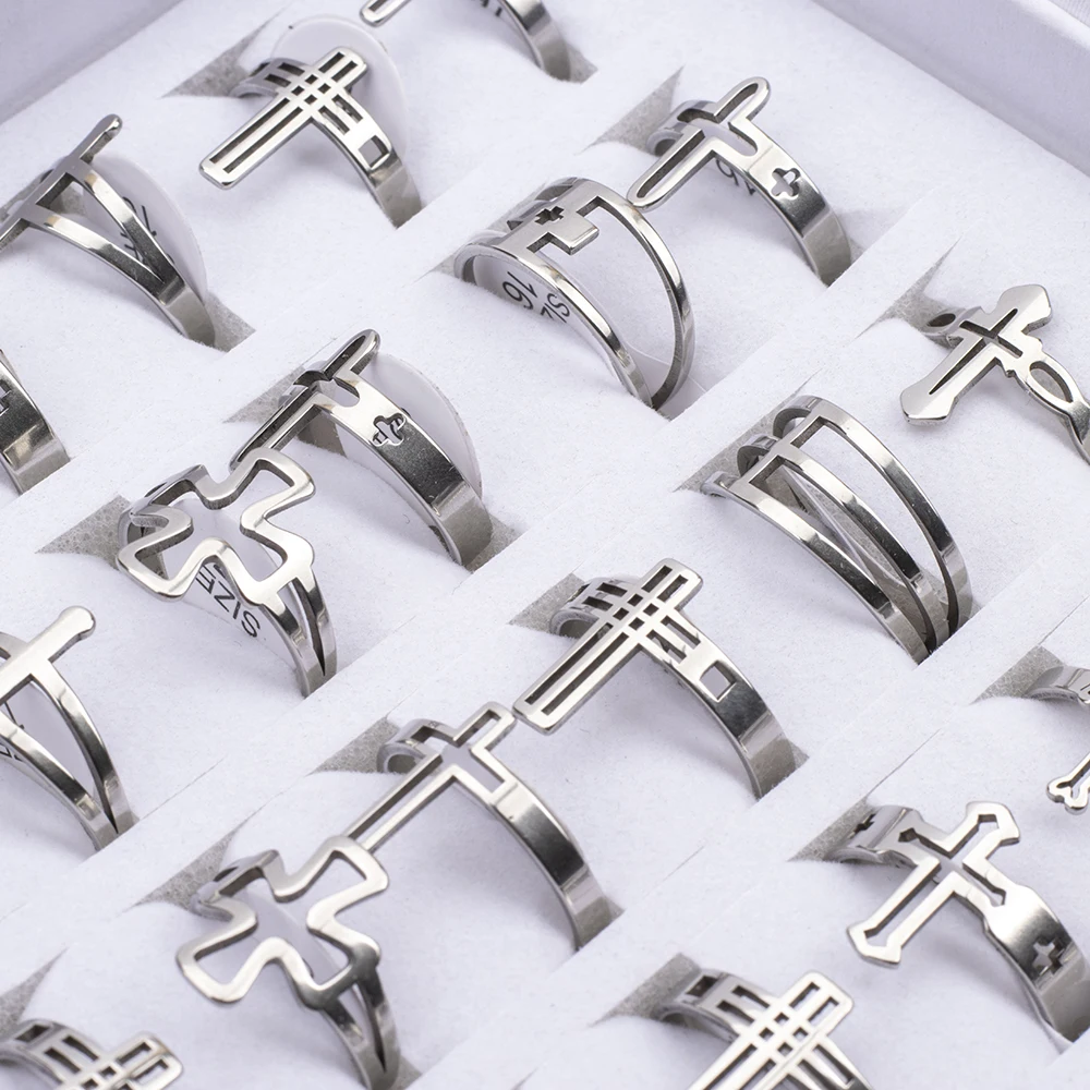 36Pcs/Lot Wholesale Stainless Steel Ring For Hollow Cross Jewelry Charms Finger Decoration Gift 3