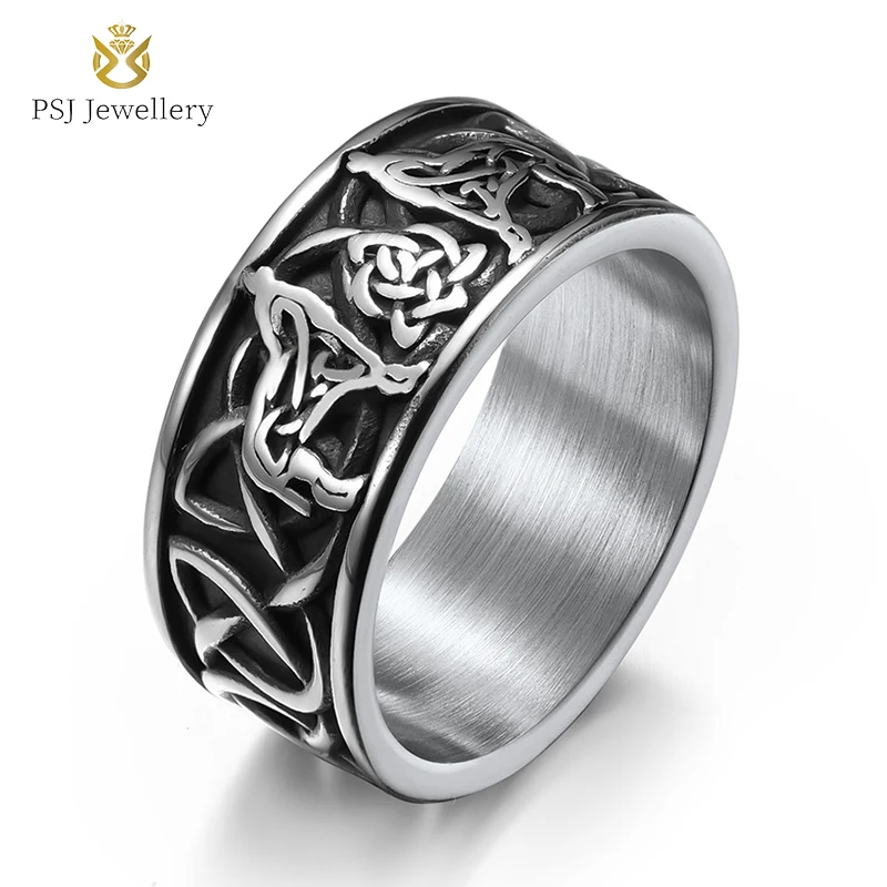 

PSJ Fashion Vintage Jewelry 10mm Celtic Carved Titanium Stainless Steel Finger Rings for Men