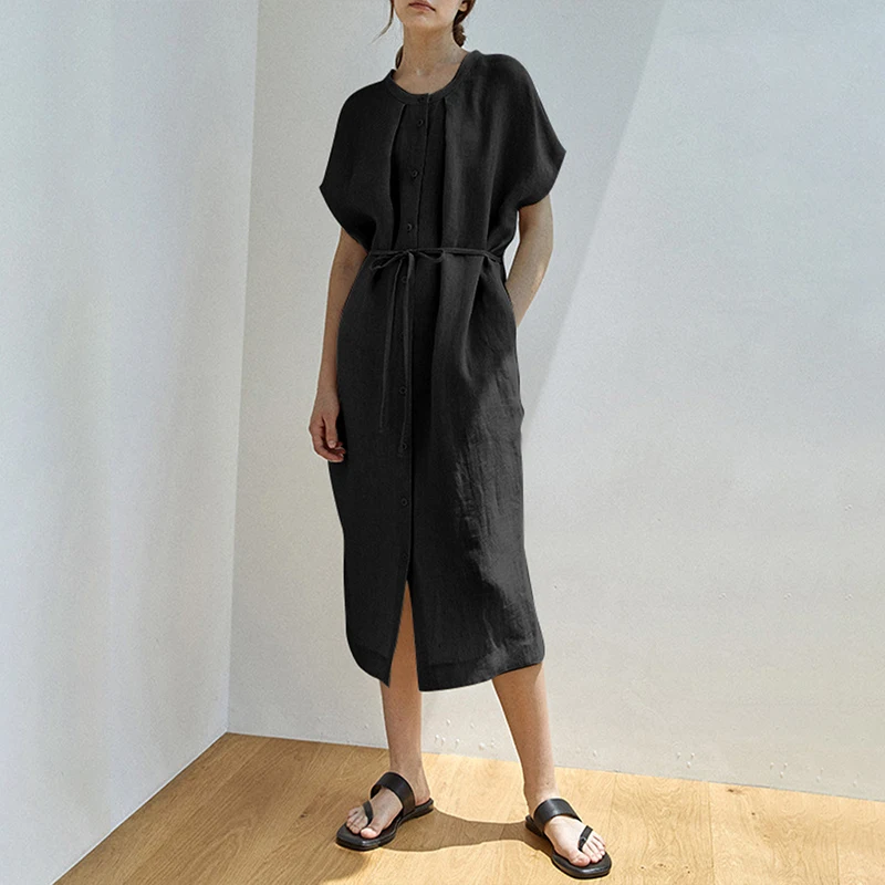 100% Linen Elegant Women's Dresses For Party 2025 Ruched Casual Short Sleeve Summer Dresses New In Beach Sundress Vestidos 5