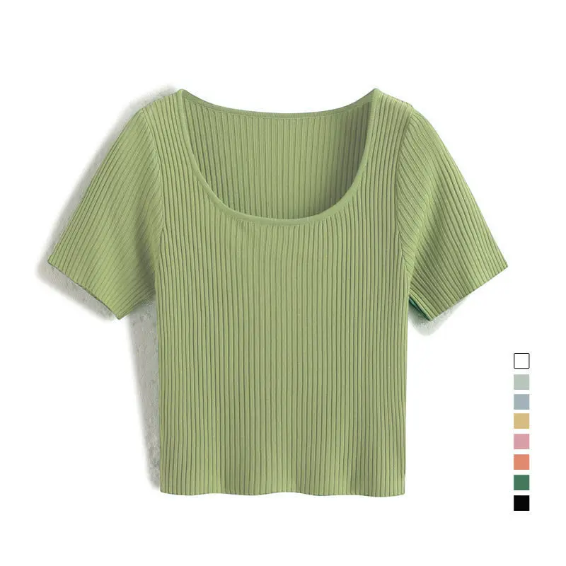 

MRMT 2024 Brand New U-neck Short Sleeve T-shirt Women Square Neck Slim Fitting Ice Silk T-shirt High Waist Short Collarbone Top