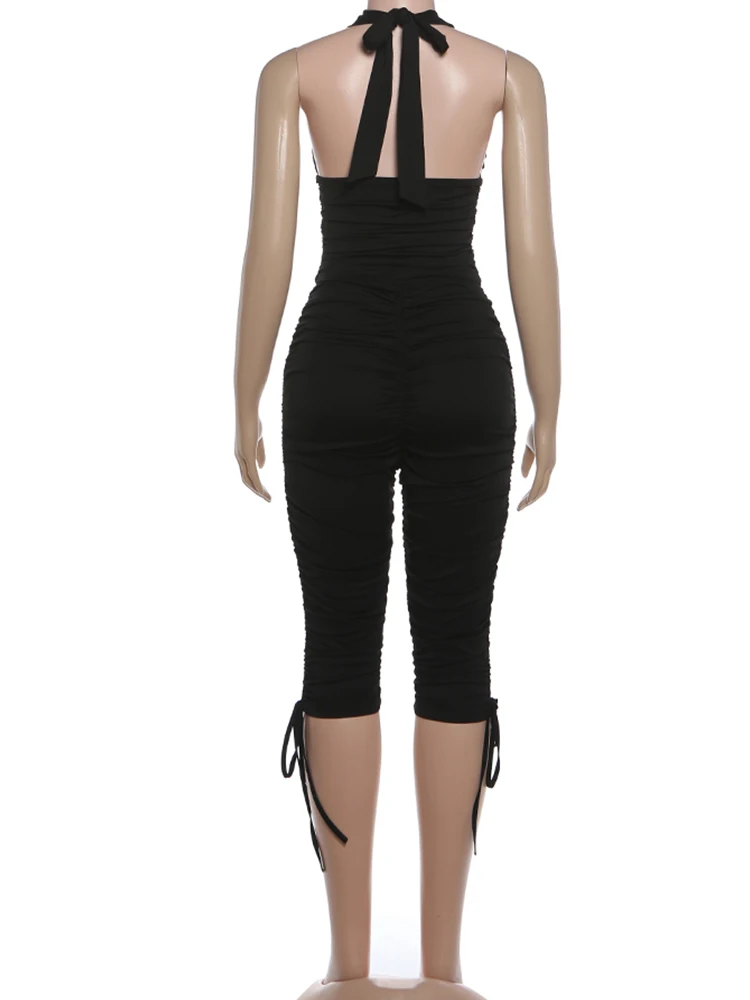 Nibber Skinny 2-Piece Set Women Simple Halter Backless Tank Tops+Shirring Bike Shorts Matching Ruched Stretch Street Outfits