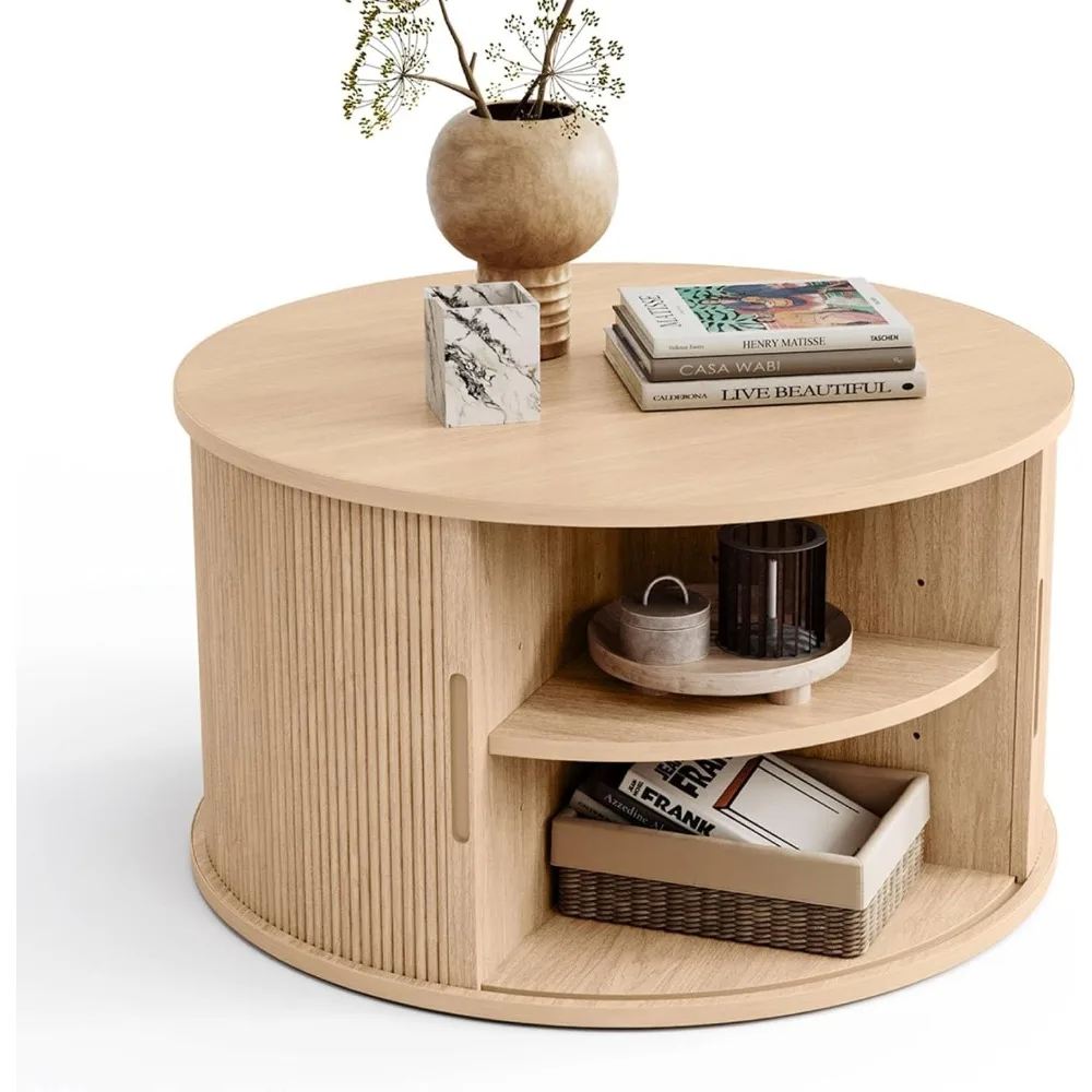 Round Coffee Table, 31.5" Drum Coffee Table with Sliding Tambour Door, Fluted Accent Center Table with Storage, Mid Century 3