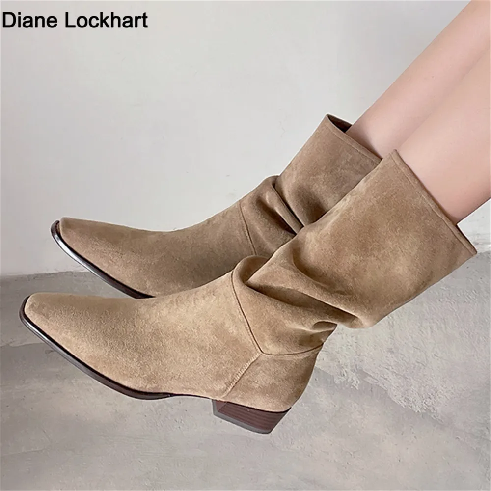 

2022 Slip On Pleated Boots Women Winter Simple Shoes Woman Faux Suede Botas Korea Style Spring Autumn Woman Mid-Calf Boots Black