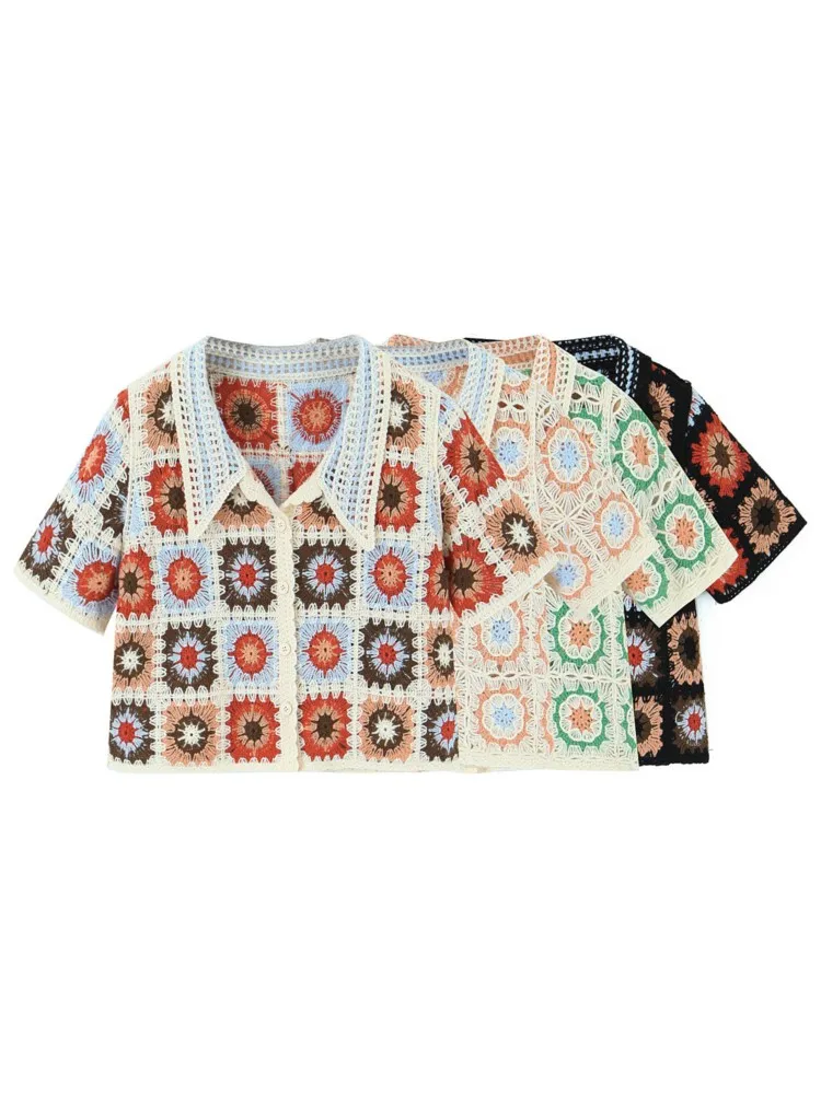 2023 BOHO Hollow Out Crochet Geometric Flower Short Sleeve