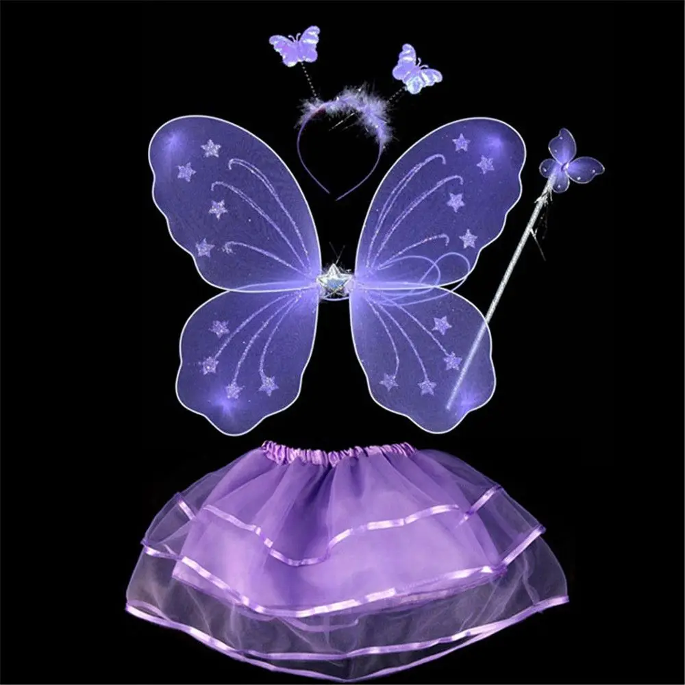 Colorful Kids Girls Fairy Princess Costume Sets Stage Wear Butterfly Wings Wand Headband Tutu Skirts 4Pcs