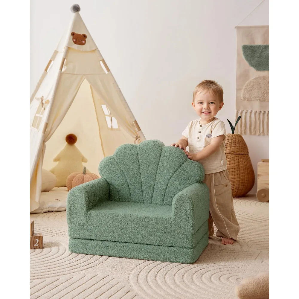 Kids Couch, 2-in-1 Soft Toddler Couch Fold Out, Toddler Chair Comfy, Convertible Sofa to Lounger with Cute Shell Designs, Green 2