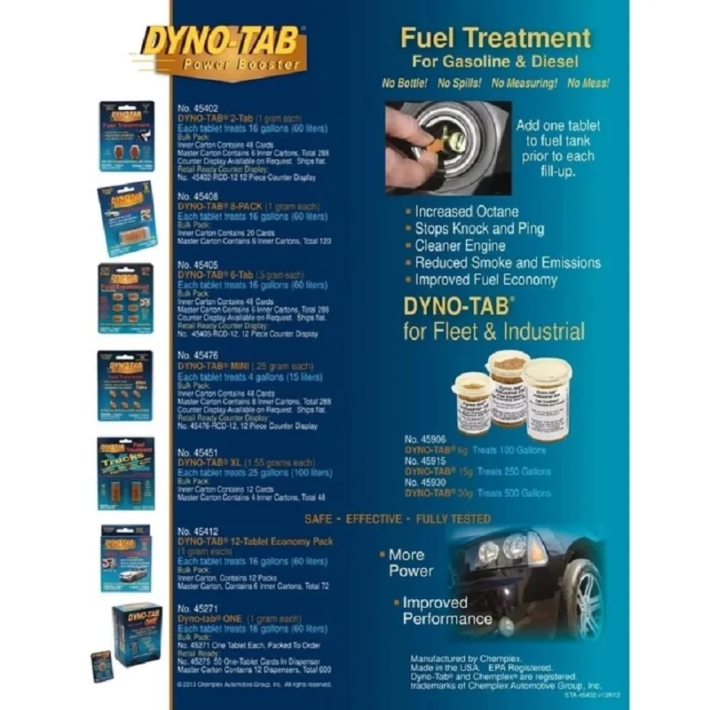 Dynotab Fuel Treatment Boost Octane Reduce Carbon Deposits Increase MPG Power Strength Help Improve Fuel Economy Made in USA