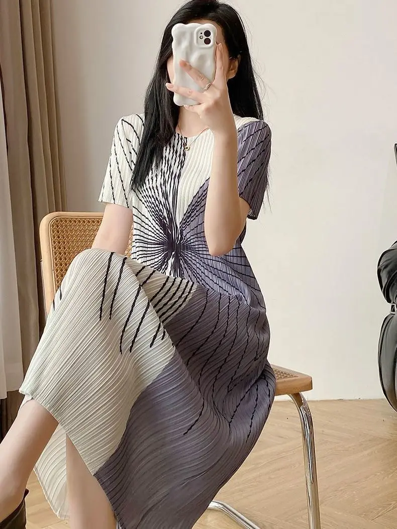 

Женское плиссированное платье средней длины, повседневное свободное платье с круглым вырезом, коротким рукавом и принтом, новинка весны-лета