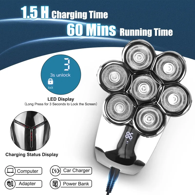 5 in1 Head Shavers for Men 7D, Cordless Bald Head Shaver Wet&Dry Waterproof Electric Razor for Men with LED Display Grooming Kit 6