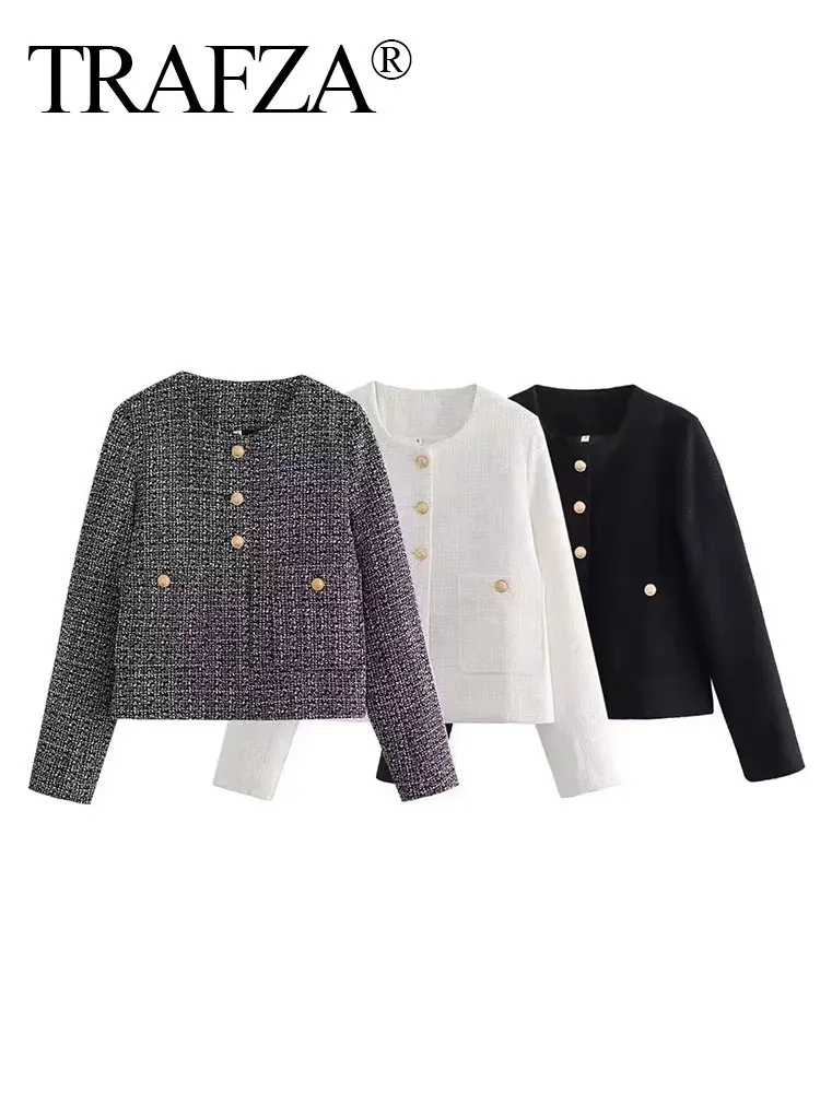 HH Women Fashion Textured Coat With Pockets Button Long Sleeve Jacket Vintage Solid O Neck Outerwear Woman Chic Coats