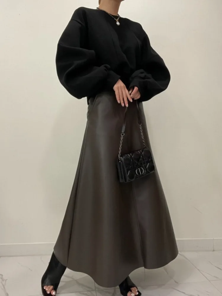 Chic High Waist A-Line Long Skirt PU Leather Slimming f Body Swinging Skirts for Women Autumn Faion Commute Casual