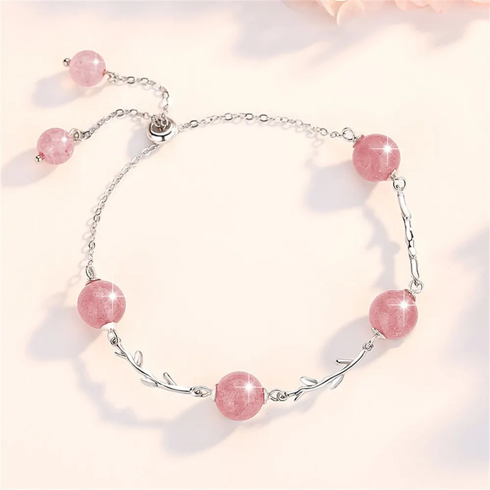 2024 Charm 925 Sterling Silver Fashion Pink Natural Bead Strawberry Crystal Chain Bud Bracelet For Women Classical Jewelry Gift