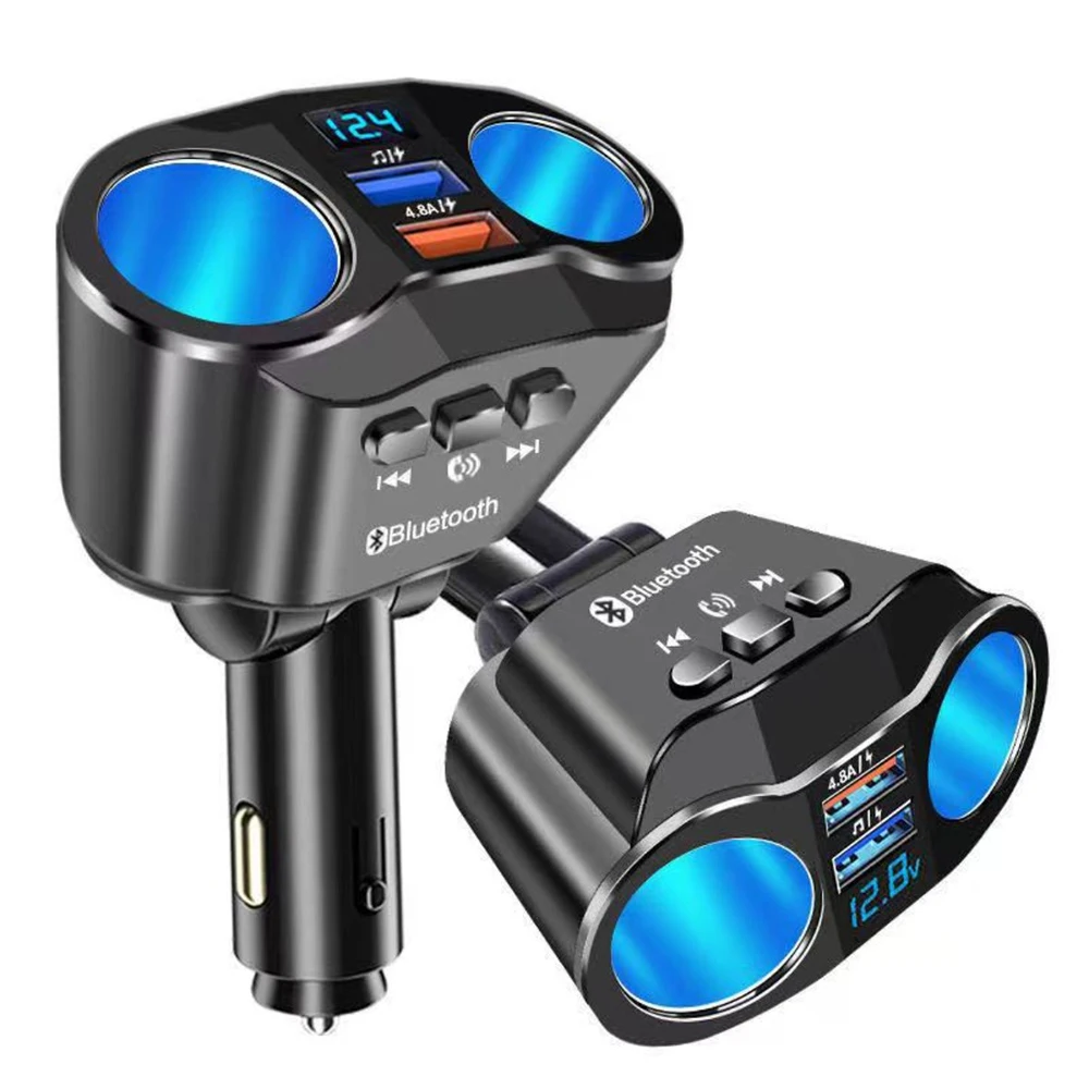 Car Charger Bluetooth FM Transmitter Fast Charging Socket Cigarette Lighter Splitter Power Adapter Dual USB with Voltage Display