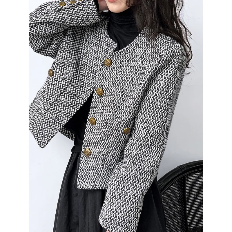Women Casual Basic Chic Tweed Small Fragrance Coat Autumn New Long-sleeved Round Neck Simple Korea Short Lady Woven Jacket 1687