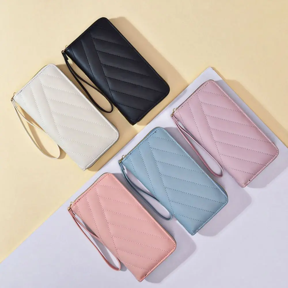 Solid Color Women Long Casual Wallet PU Leather Zipper Lady Purse Large Capacity Fashion Wrist Bag Money Bag