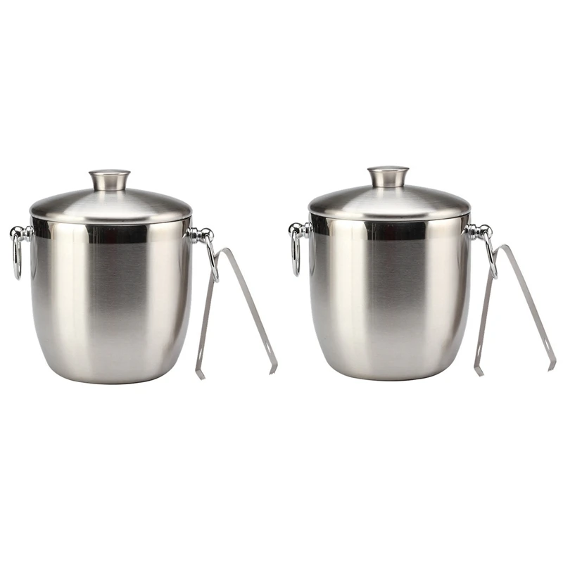 

2X Stainless Steel Ice Bucket With Tongs Liter Double Walled Insulated With Tongs And Lid Ice Container(3L)