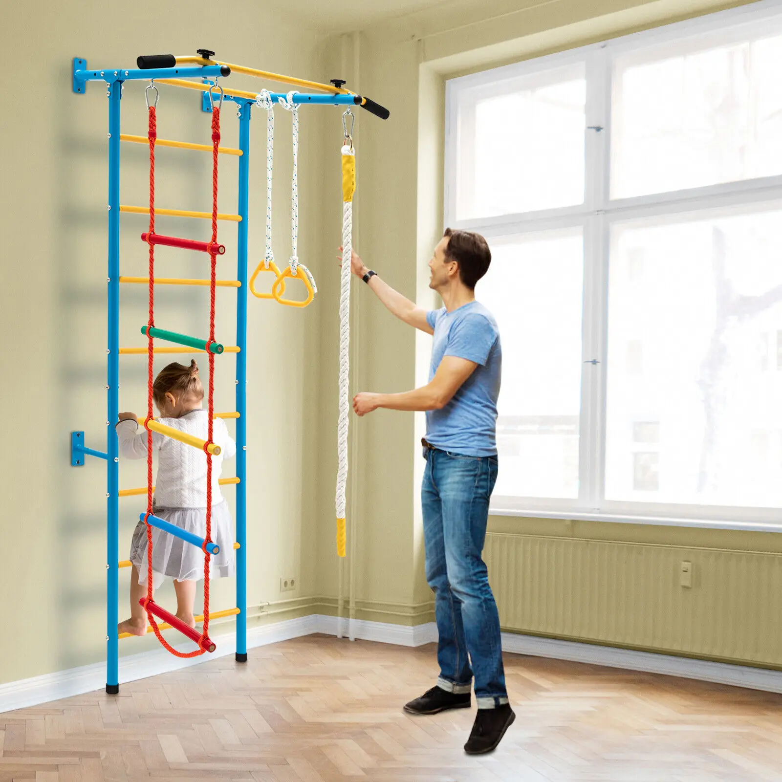 Costway 5 in 1 Kids Indoor Wall Gym Children Stall Bars Set Swedish Wall Ladder Home 4