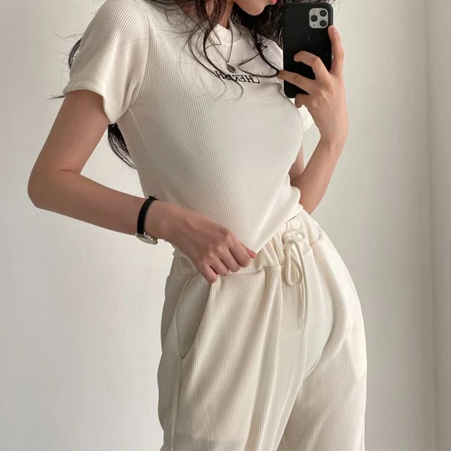 Korean 2023 Summer Autumn Wear Slim Long Cotton Bodycon Bandage Women V  Neck Cotton 2piece Sets Short Sleeve Casual Sportswear - AliExpress