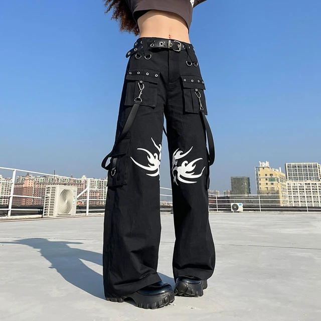 Y2k Women's Gothic Printed Punk Style Cargo Trousers Low Rise Wide