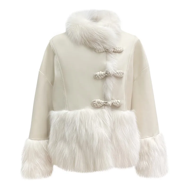 Fur Coat Women's Stand Collar Three-Button Thickened Warm Retro Chinese Style Stitching Sheepskin Fur Coat down Feather Liner1Pc